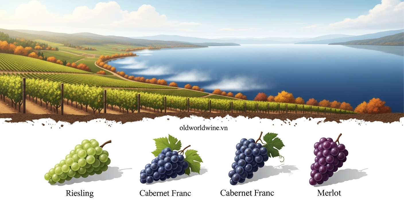 Hình minh họa vườn nho bên hồ tại bang New York với các giống nho đặc trưng như Riesling và Cabernet Franc
