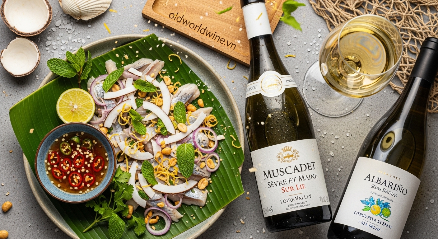 Gỏi cá trích Phú Quốc kết hợp với rượu vang Muscadet Loire Valley – tươi mát, hài hòa vị biển và độ chua tinh tế