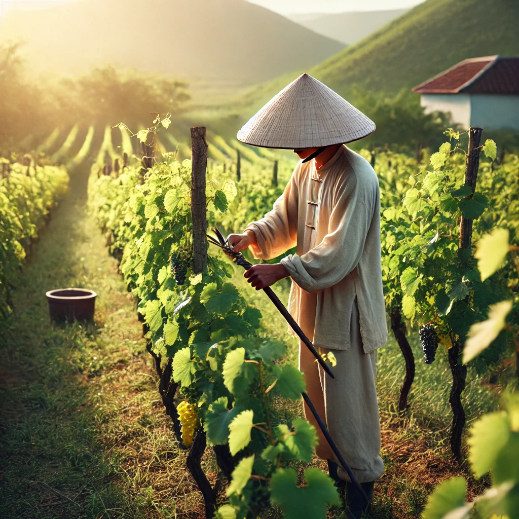 hình ảnh về một người nông dân Việt Nam đang cắt tỉa cây nho trong một vườn nho đầy nắng