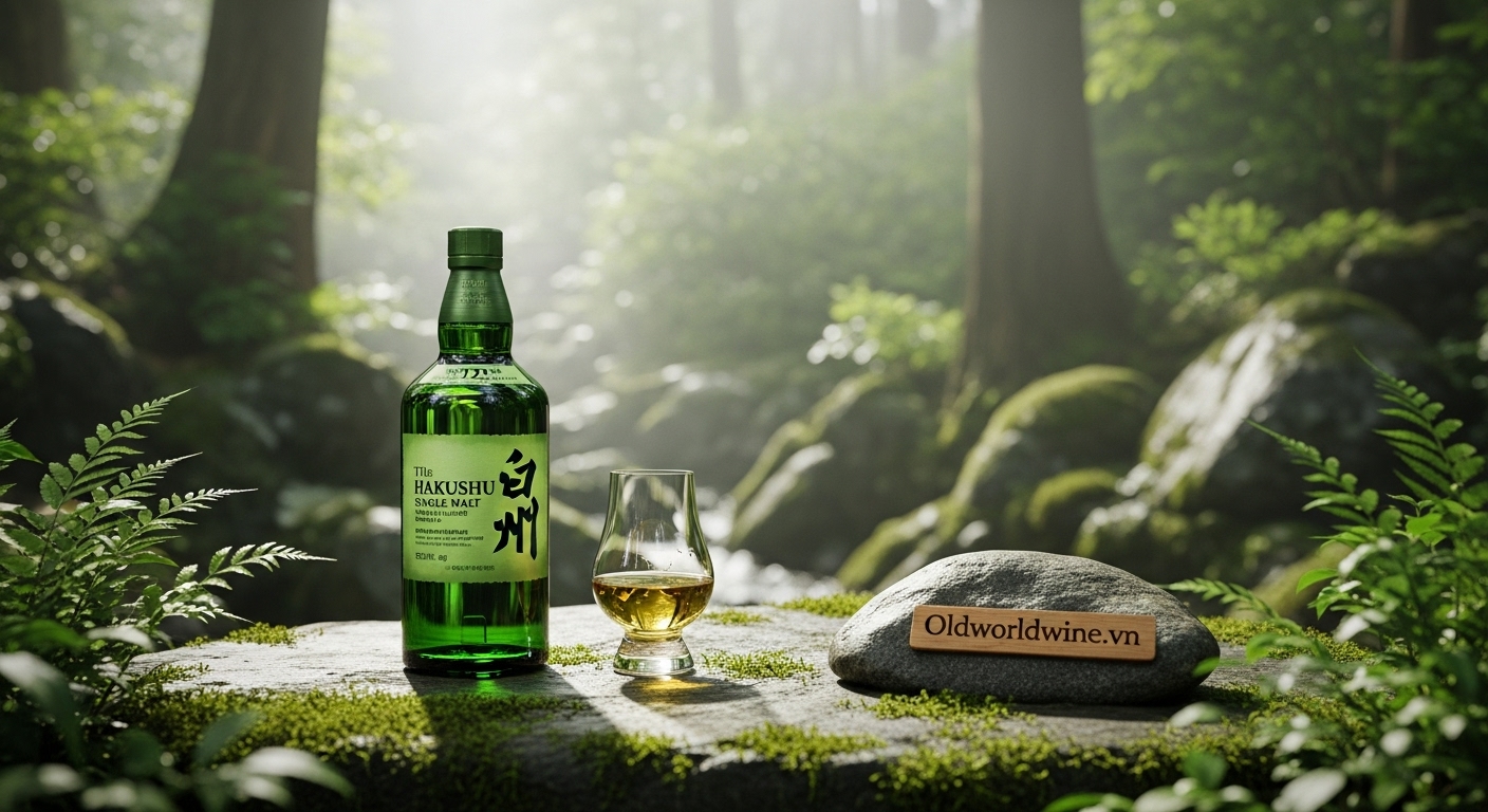 Hình ảnh chai Hakushu Single Malt đặt giữa khung cảnh rừng núi Nhật Bản thanh bình, ánh sáng xuyên qua tán lá, thể hiện sự tươi mát và tinh khiết đặc trưng của dòng whisky này, kèm watermark oldworldwine.vn tinh tế.