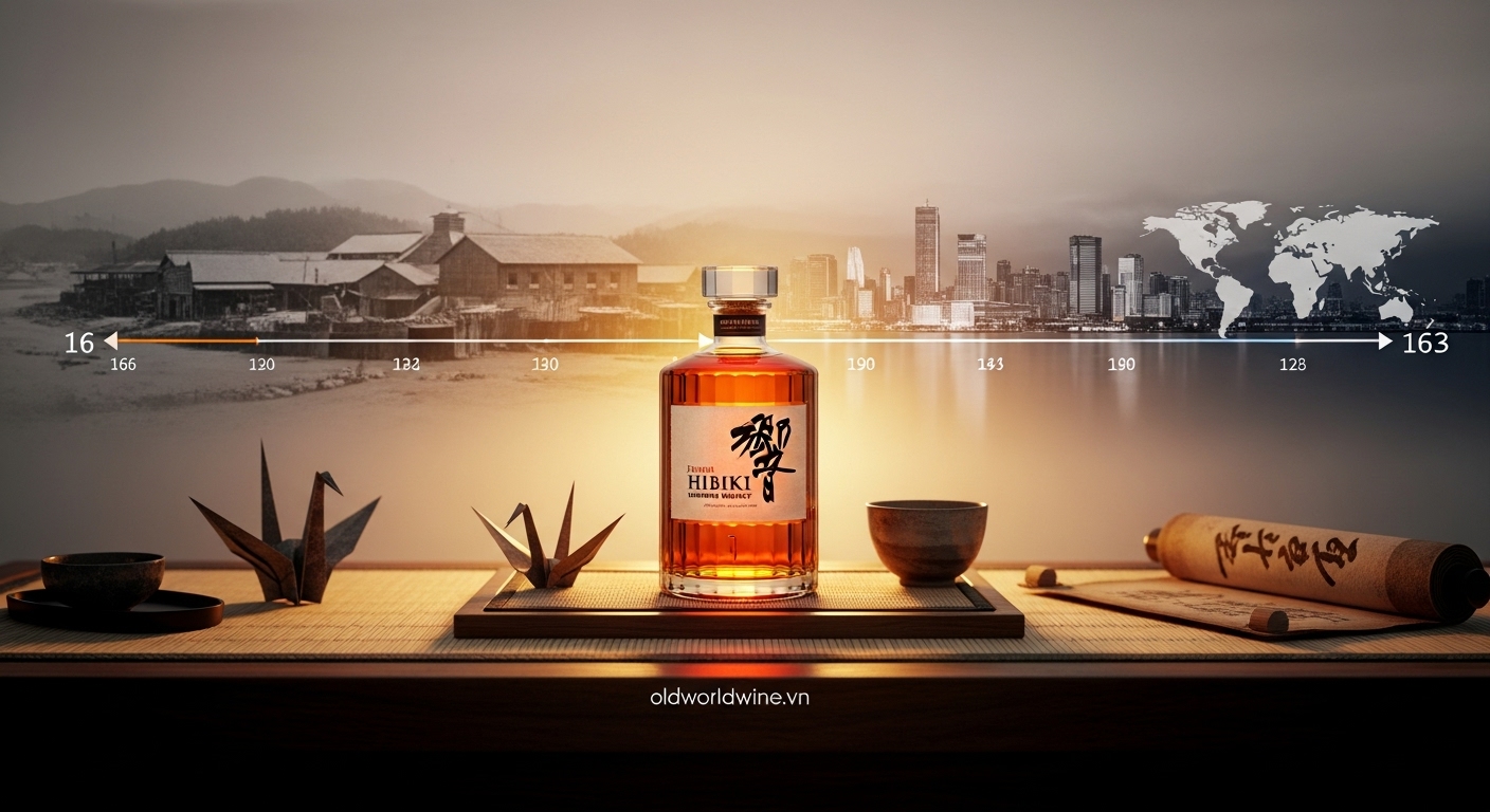 Hình ảnh chai whisky Nhật (Hibiki hoặc Yamazaki) đặt trên nền gỗ truyền thống, phía sau là dòng thời gian mờ ảo từ nhà máy cổ xưa đến thế giới hiện đại, tượng trưng cho hành trình phát triển, kèm watermark oldworldwine.vn tinh tế.