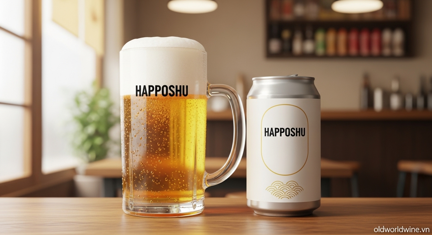 Ly Happoshu mát lạnh với lớp bọt trắng mịn, biểu tượng của lựa chọn bia tiết kiệm và sảng khoái tại Nhật Bản.