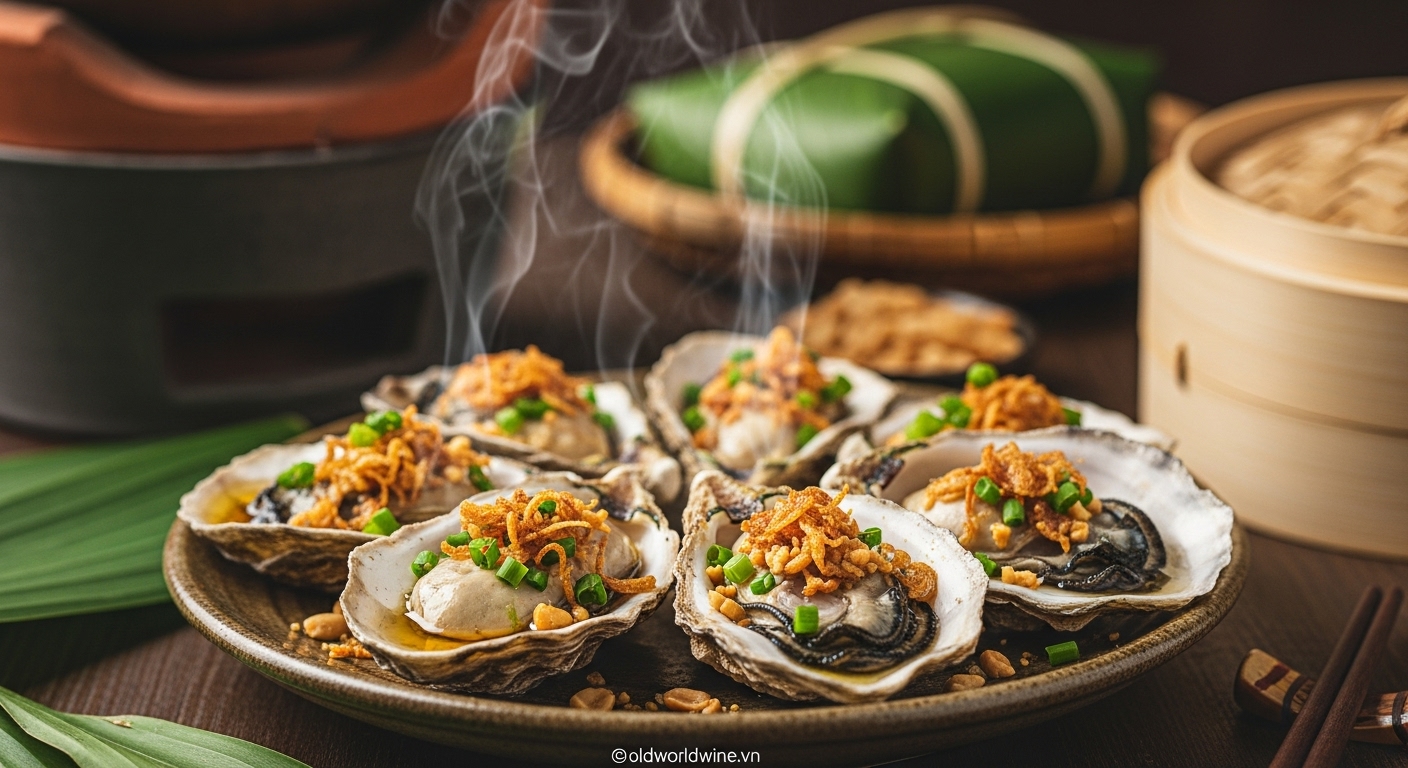 Hàu nướng mỡ hành thơm lừng với mỡ hành, đậu phộng rang và hành phi giòn