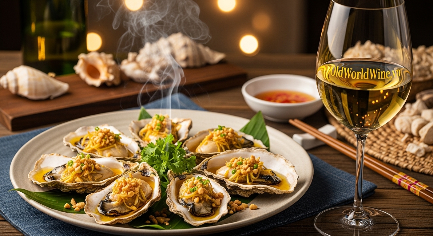 Hàu nướng mỡ hành ăn kèm rượu vang trắng – trải nghiệm ẩm thực tinh tế