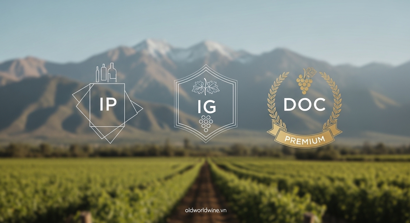 Hệ thống phân hạng rượu vang Argentina – cấp IP, IG, DOC – biểu tượng trên nền vườn nho và dãy Andes