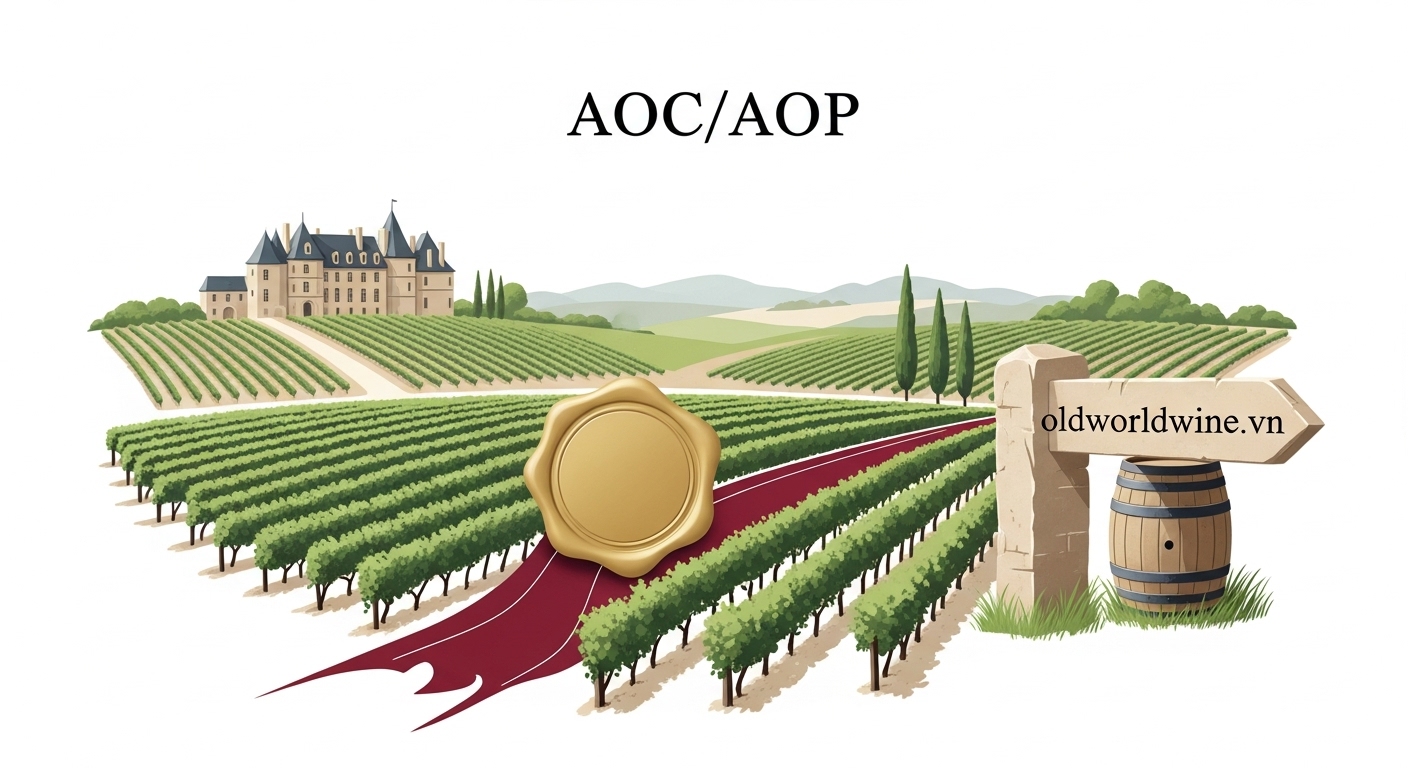Hình minh họa hệ thống phân hạng rượu vang AOC/AOP của Pháp, biểu tượng pháp lý bảo vệ chất lượng và terroir