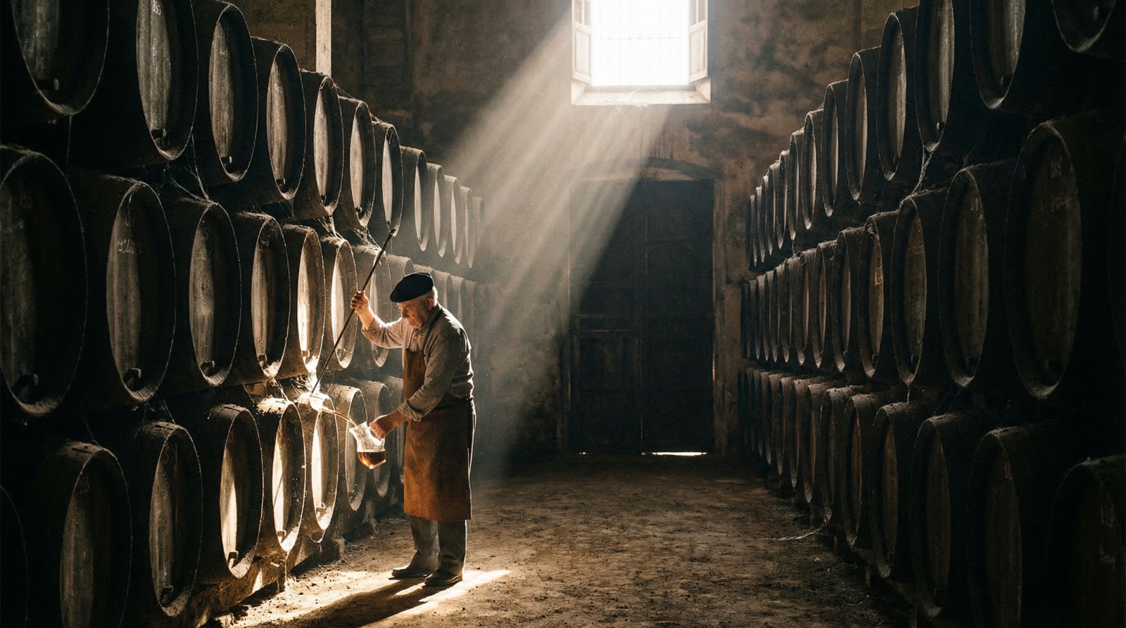 Ảnh không khí: Bên trong một bodega Sherry ở Jerez với hệ thống ủ Solera cao tầng, ánh nắng chiếu qua cửa sổ cao.