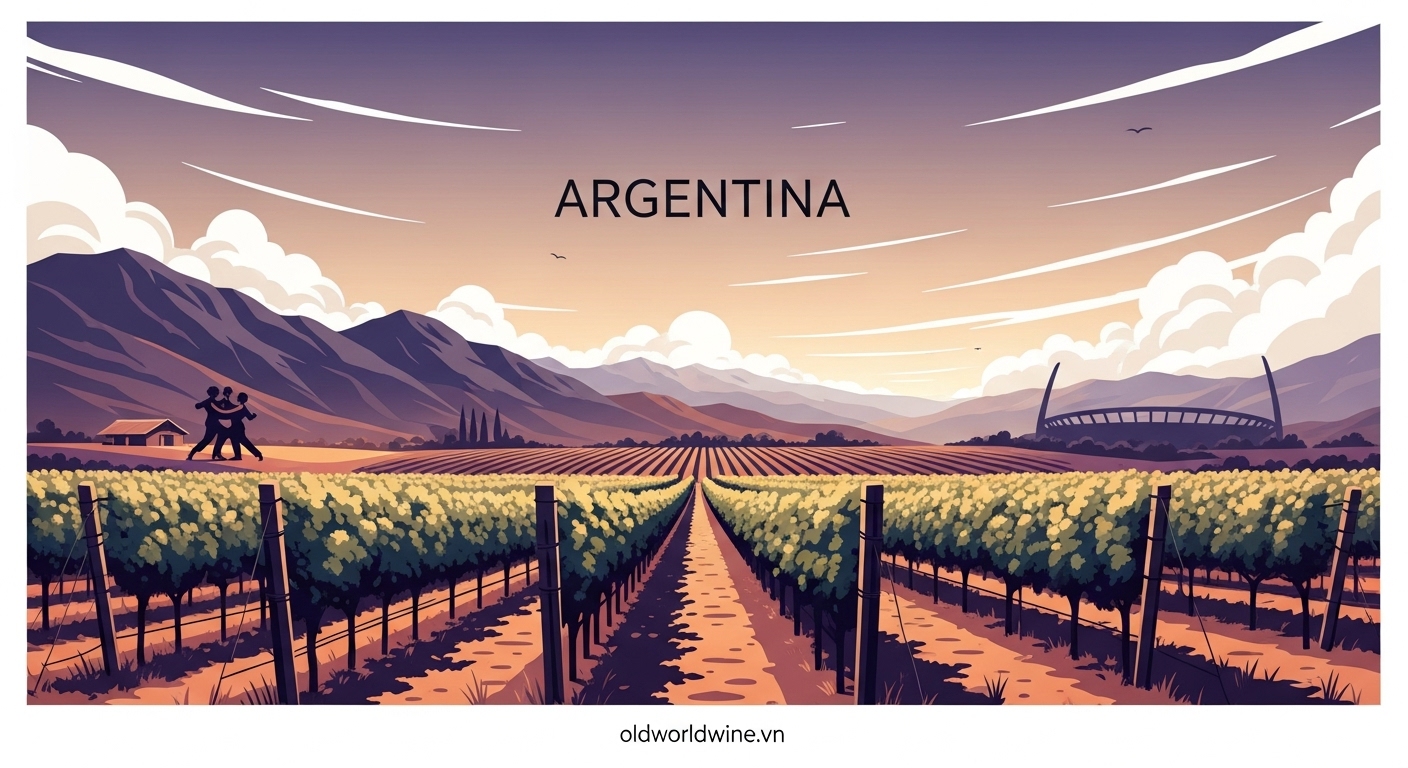 Hình minh họa tối giản vườn nho Argentina dưới chân dãy Andes, gợi cảm hứng Malbec và văn hóa Tango – oldworldwine.vn