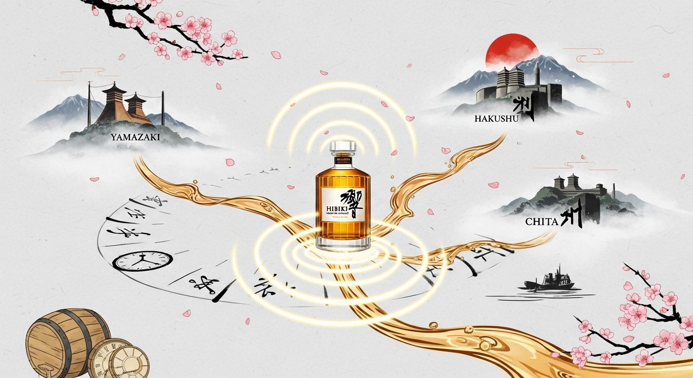 Minh họa nghệ thuật trừu tượng về lịch sử rượu Hibiki và sự kết nối hài hòa giữa ba nhà máy Suntory – Yamazaki, Hakushu, Chita – thể hiện triết lý Nhật Bản về sự hòa âm và tinh tế.