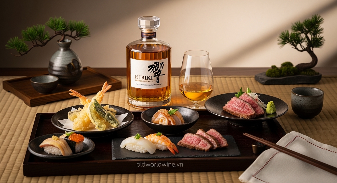 Hình ảnh Hibiki Japanese Harmony kết hợp tinh tế cùng các món ăn Nhật Bản như sushi, wagyu, tempura trong khung cảnh tối giản phong cách Zen, thể hiện sự hài hòa giữa ẩm thực và whisky Nhật, có watermark oldworldwine.vn.