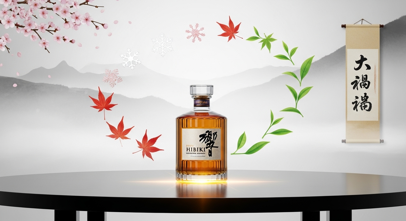 Hình minh họa chai rượu Hibiki với thiết kế 24 mặt, đặt giữa khung cảnh biểu trưng cho 24 mùa của Nhật Bản – từ hoa anh đào đến lá phong đỏ – thể hiện sự hòa quyện giữa thiên nhiên, nghệ thuật và triết lý Wabi-sabi.