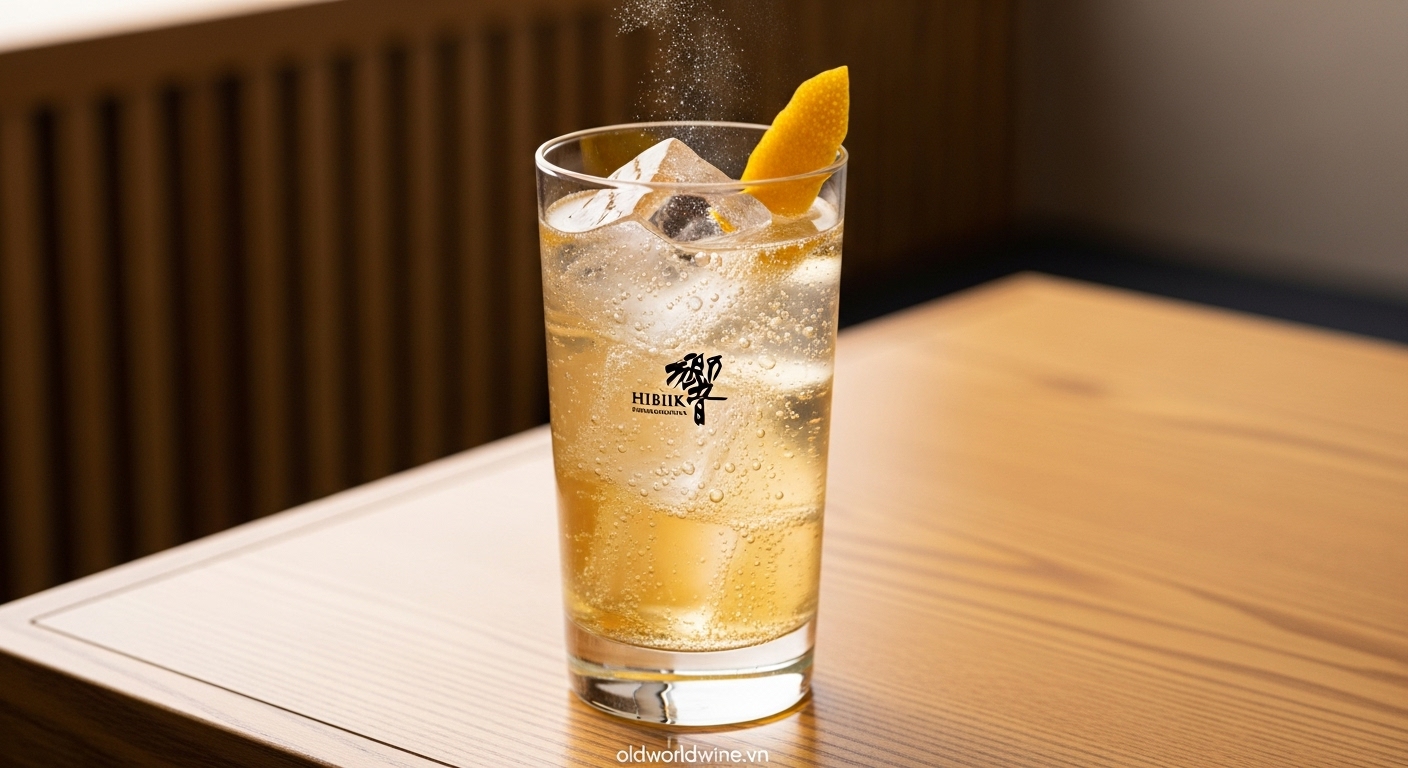 Hình ảnh ly highball kiểu Nhật pha từ whisky Hibiki với soda và lát chanh xoắn, bọt khí nổi nhẹ trong ly cao trong suốt, tạo cảm giác sảng khoái, nhẹ nhàng nhưng vẫn giữ được vẻ sang trọng và tinh tế.