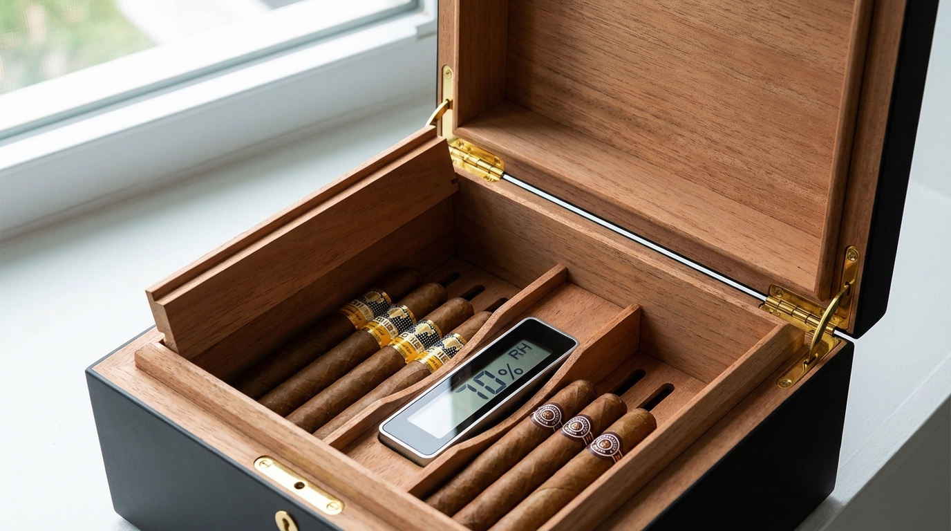 Khoang bảo quản xì gà Humidor mini tích hợp ẩm kế duy trì độ ẩm lý tưởng 68-72% trong hộp quà VIP.