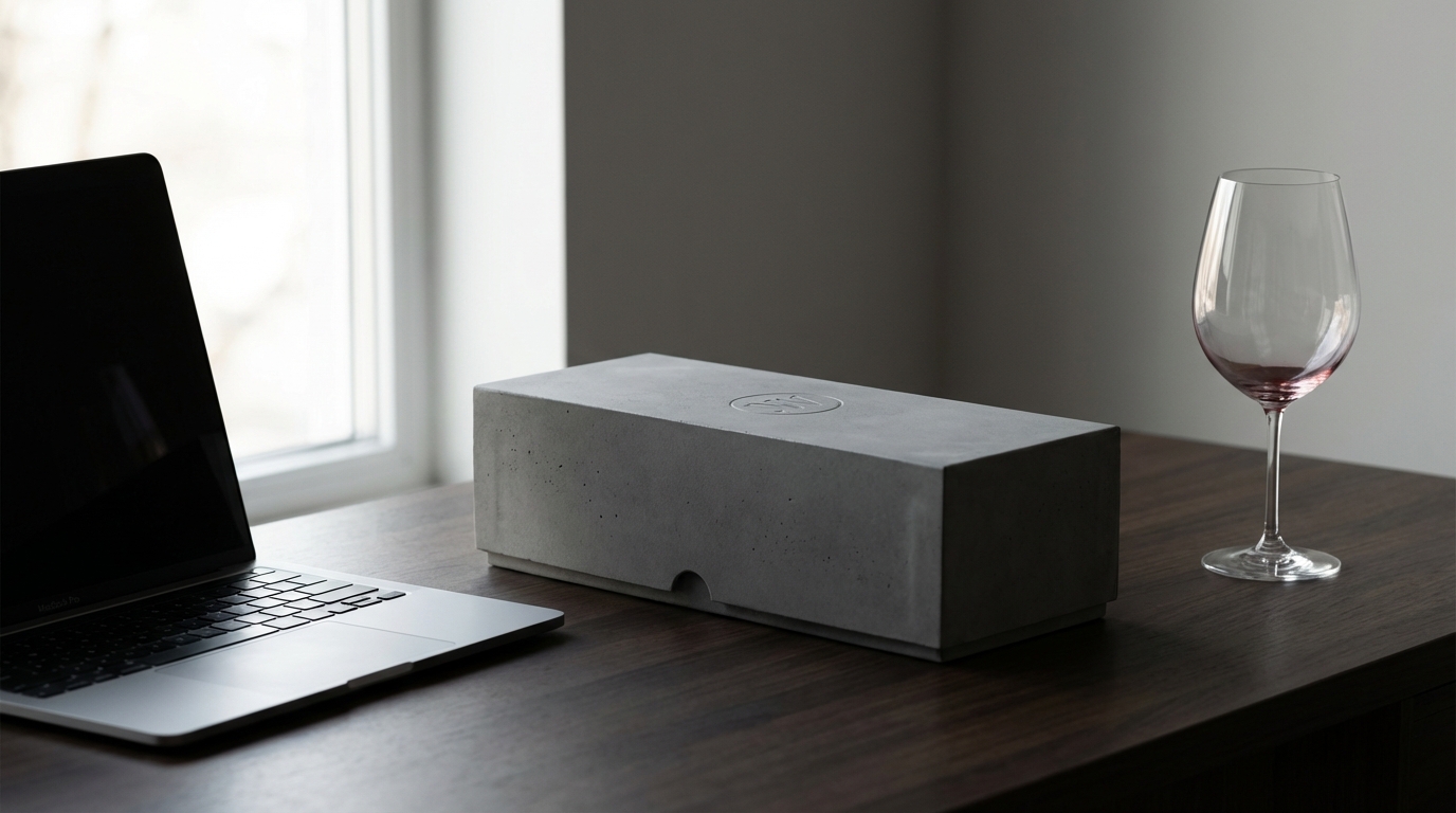 Hộp quà vang Tân Thế Giới với bề mặt Matte Black, chạm khắc logo Laser tĩnh lặng cạnh thiết bị Apple trên không gian làm việc mở