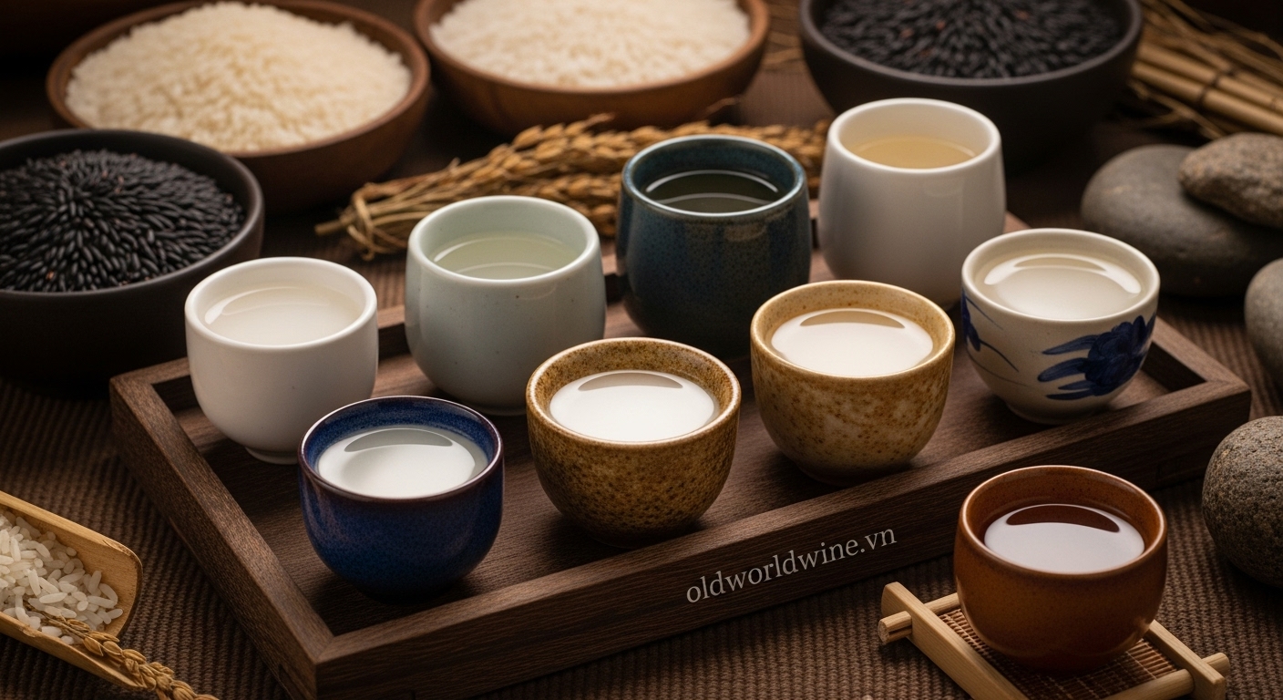Hình ảnh các loại rượu gạo truyền thống với màu sắc và chén rượu đa dạng, thể hiện hương vị phong phú từ ngọt đến cay nồng, phản ánh đặc trưng vùng miền và văn hóa địa phương.