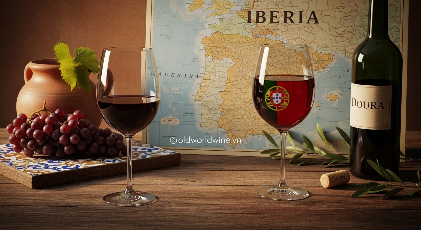 A warm Mediterranean wine scene with red wines from Spain and Portugal, featuring a vintage Iberian map, local grapes, and cultural details from Rioja and Douro.