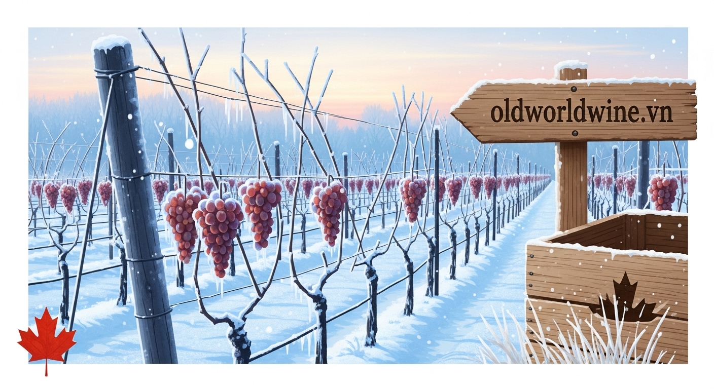 Vườn nho Ice Wine tại Ontario, Canada vào mùa đông – cụm nho đông cứng và tuyết phủ nhẹ