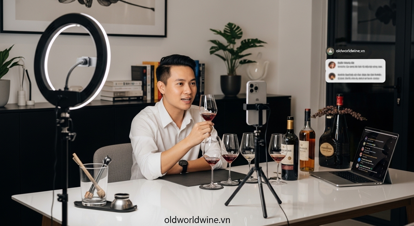 Hình ảnh influencer Việt Nam chia sẻ trải nghiệm rượu vang qua livestream hoặc video review, phản ánh vai trò của mạng xã hội và KOLs trong việc định hình xu hướng tiêu dùng rượu tại Việt Nam.