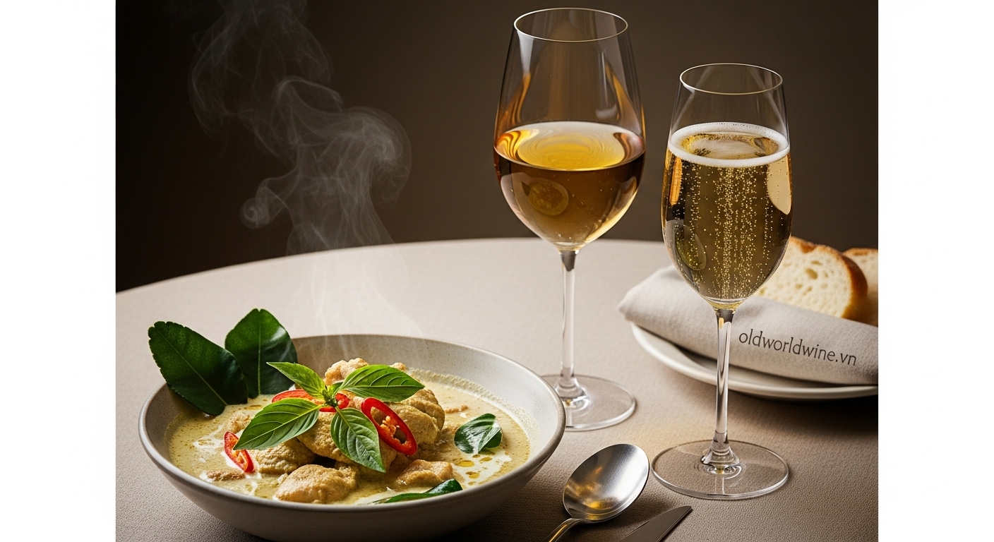 Hình ảnh minh họa món cà ri gà Thái xanh kết hợp với rượu vang Alsace Pinot Gris và Champagne Demi-Sec, thể hiện sự tinh tế trong việc pairing món cay béo với vang bán ngọt