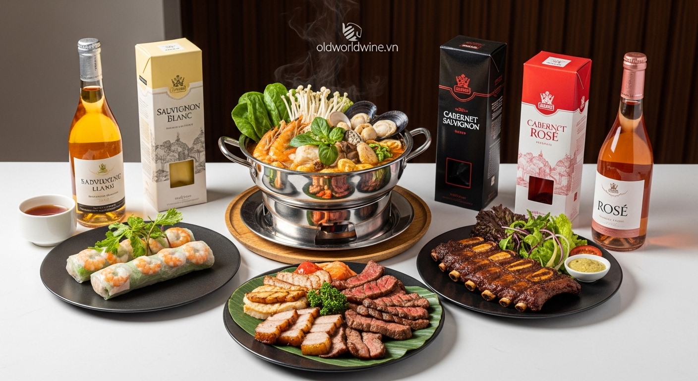 Bàn tiệc Việt Nam với lẩu Thái hải sản, tiệc nướng BBQ, gỏi cuốn tôm thịt kết hợp vang bịch Sauvignon Blanc, Cabernet Sauvignon và Rosé.