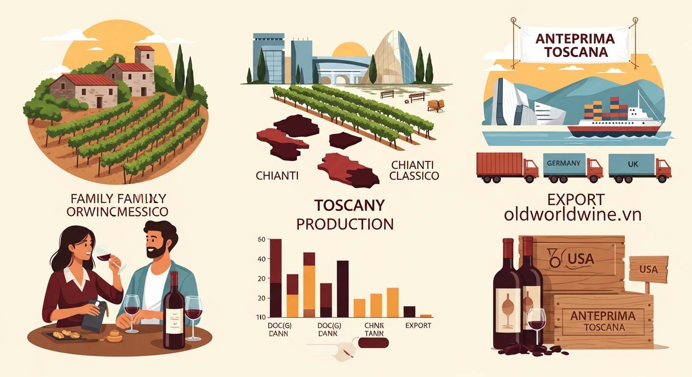 Infographic mô tả ngành kinh doanh rượu vang Tuscany với các nhà sản xuất nhỏ, hoạt động xuất khẩu rượu, du lịch rượu vang và sự kiện Anteprima Toscana. Phong cách tối giản, đậm chất Ý.
