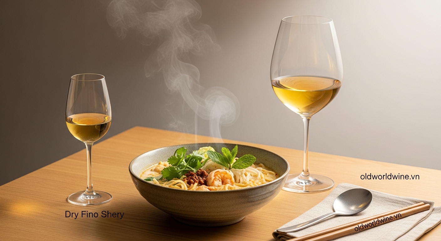 Hình ảnh món Laksa phong cách khám phá, kết hợp rượu vang Fino Sherry và Roussanne/Marsanne, thể hiện sự sáng tạo và chiều sâu vị giác trong pairing