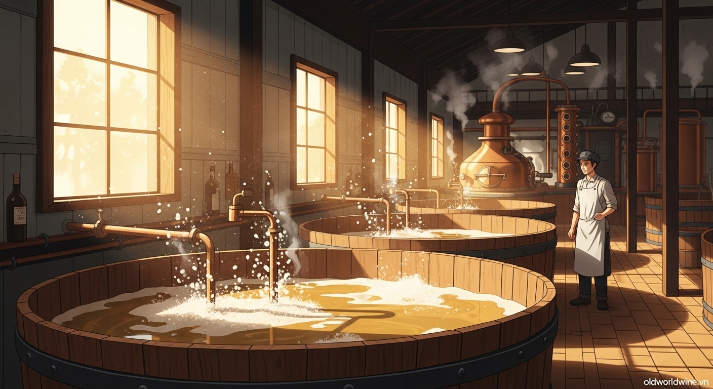 Hình ảnh quá trình lên men trong sản xuất whisky: wort sủi bọt trong thùng gỗ washback tạo thành "bia whisky" (wash) với nồng độ cồn 7–8%.