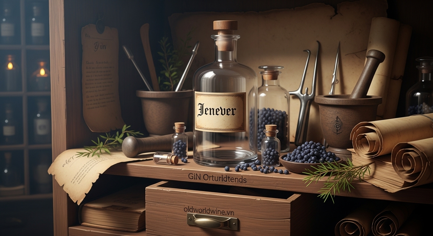 Hình ảnh chai Jenever trong hiệu thuốc cổ Hà Lan thế kỷ 17 – khởi nguồn y học của rượu Gin với quả bách xù và thảo dược.