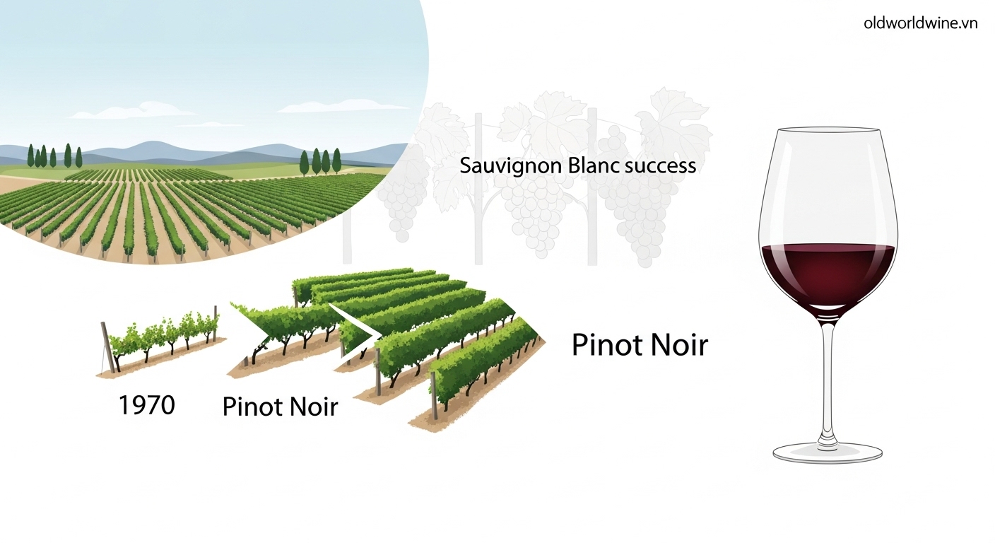 Ảnh minh họa lịch sử và sự phát triển của Pinot Noir ở New Zealand – từ cây nho non đến giống nho đỏ cao cấp toàn cầu