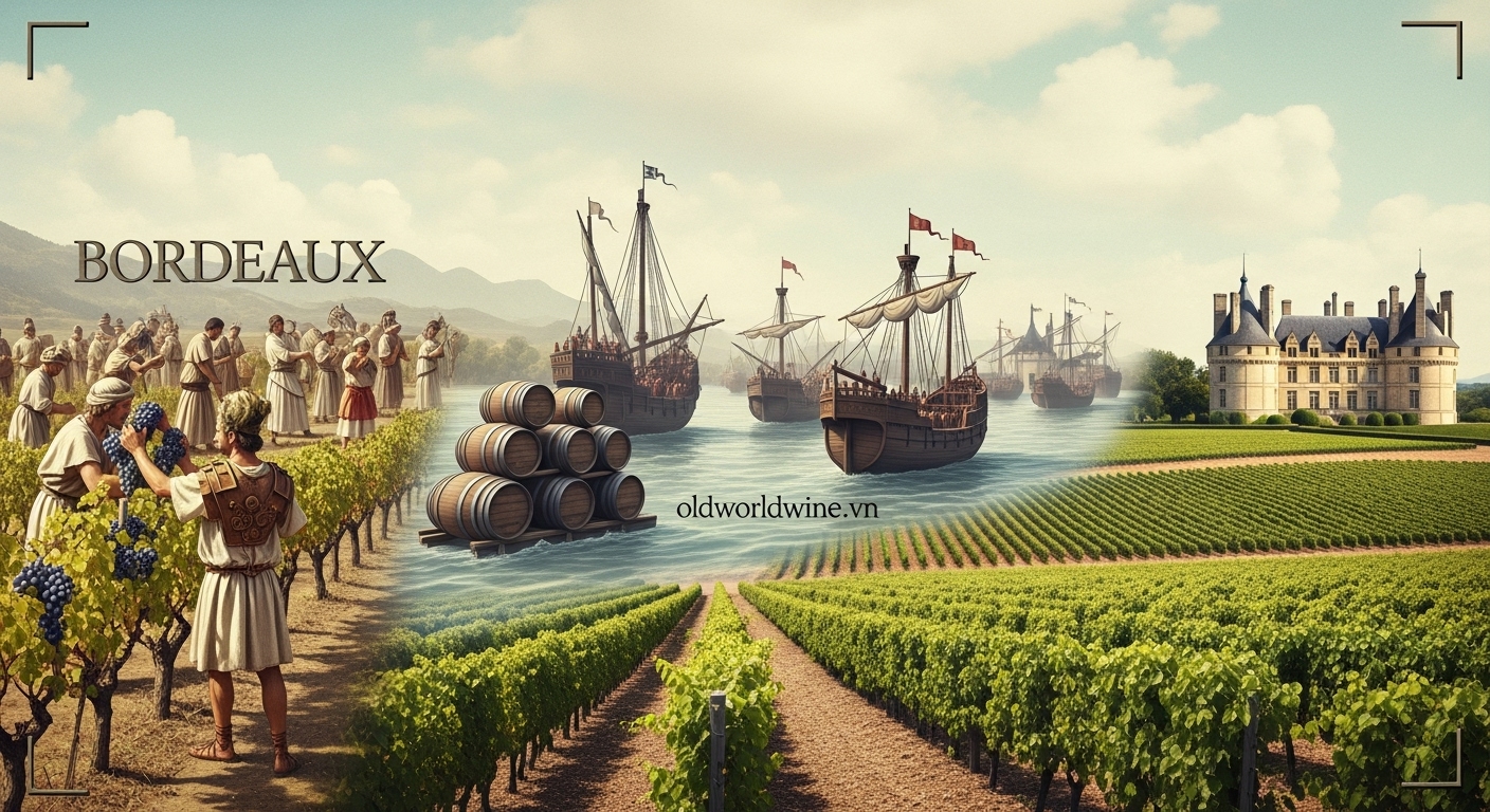 Hình ảnh dòng thời gian lịch sử rượu vang Bordeaux từ thời La Mã cổ đại đến hiện đại, thể hiện sự phát triển lâu đời và vai trò hàng đầu của vùng Bordeaux trong thế giới rượu vang.