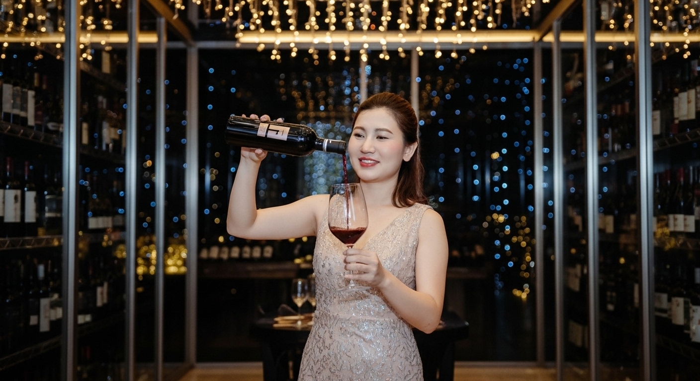 Chuyên gia rượu vang Lily Trần rót rượu vang F vào ly