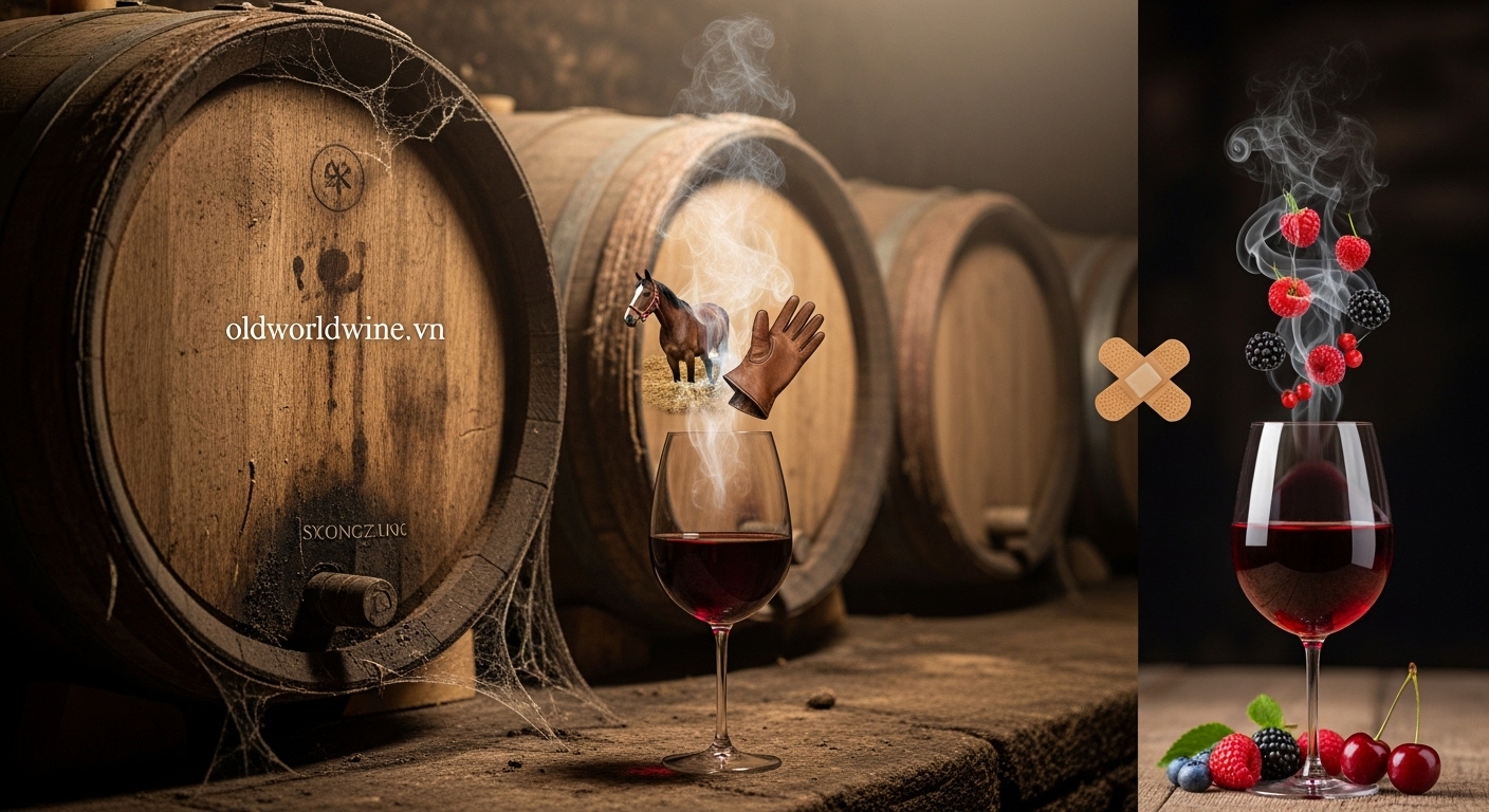 Hình ảnh lỗi Brettanomyces trong rượu vang: mùi chuồng trại, da thuộc, vệ sinh kém trong hầm ủ rượu