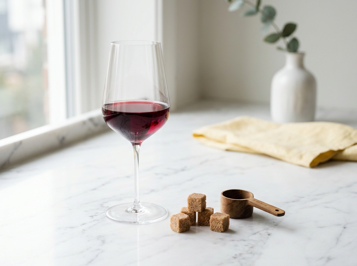 Một ly pha lê tiêu chuẩn rót đúng 150ml vang đỏ rực rỡ, đặt trên một mặt bàn đá cẩm thạch trắng vân xám (White Marble). Kế bên ly vang là một thước đo tỷ lệ nhỏ hoặc một vài viên đường nâu thô (chưa tinh luyện) được sắp xếp đầy tính nghệ thuật để biểu tượng cho "Residual Sugar"