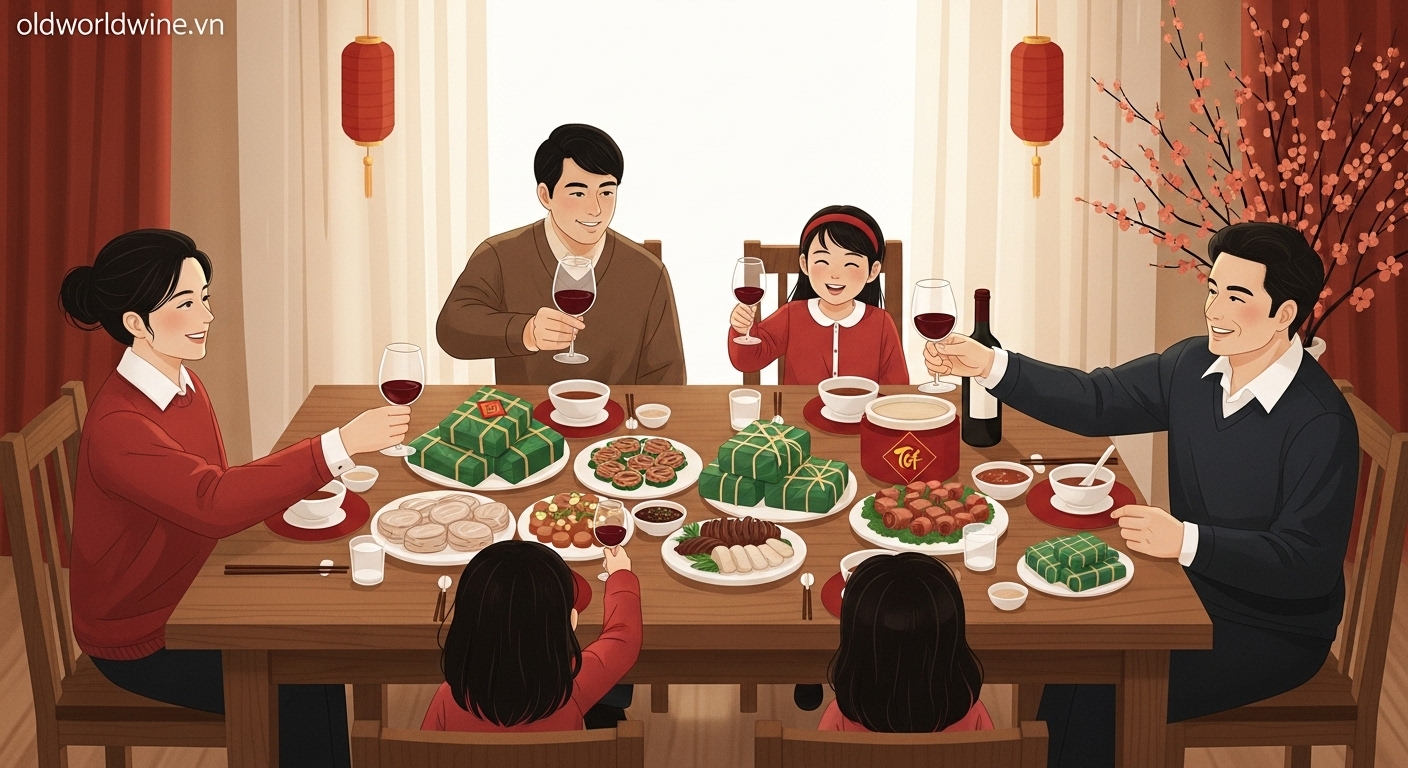 Mâm cỗ Tết Việt Nam với nhiều món ăn truyền thống, gia đình sum vầy thưởng thức vang đỏ.