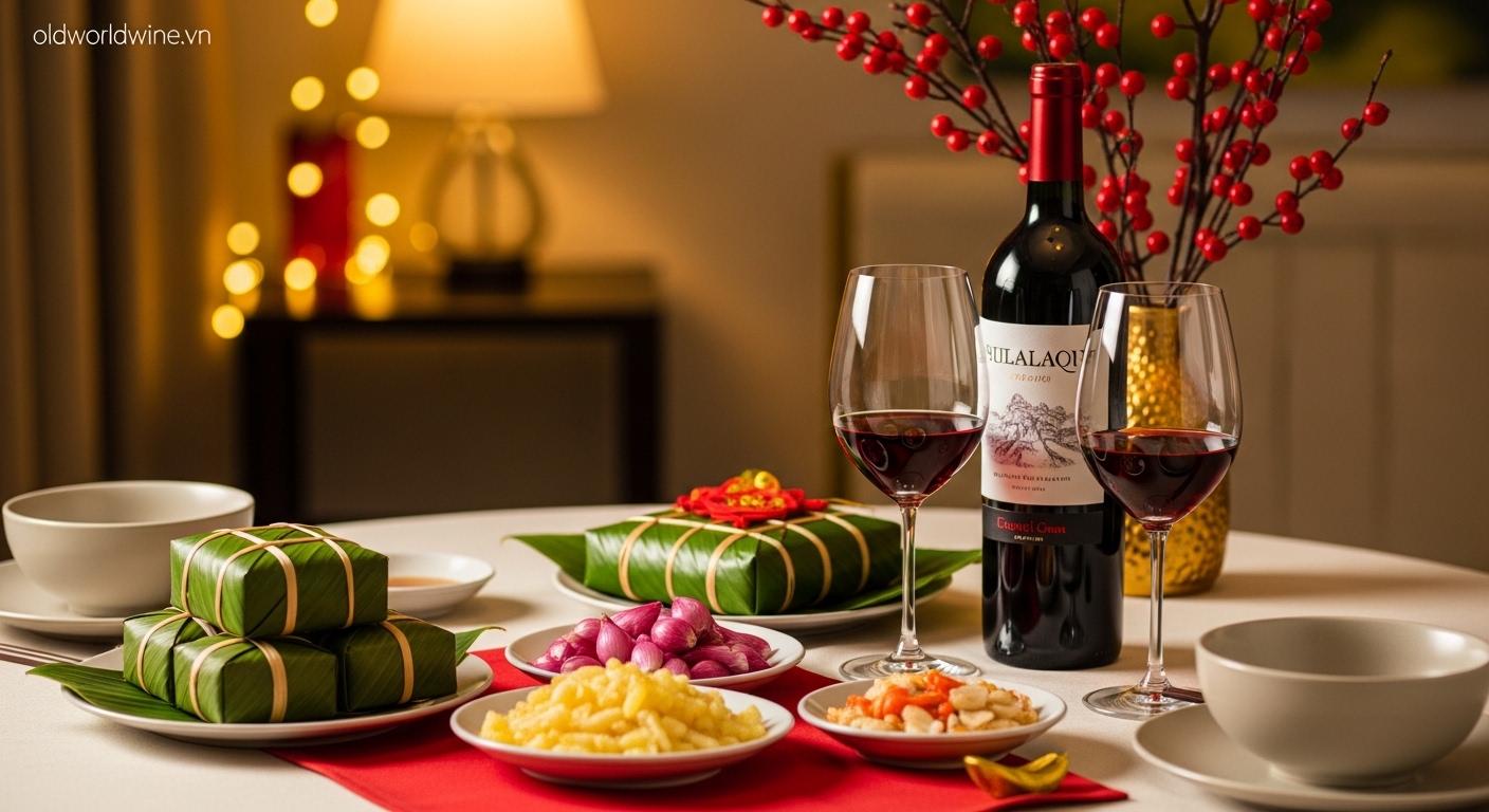 Mâm cỗ Tết Việt Nam với bánh chưng, dưa hành và rượu vang đỏ ruby tượng trưng cho may mắn, tài lộc, không khí sum vầy ấm áp.