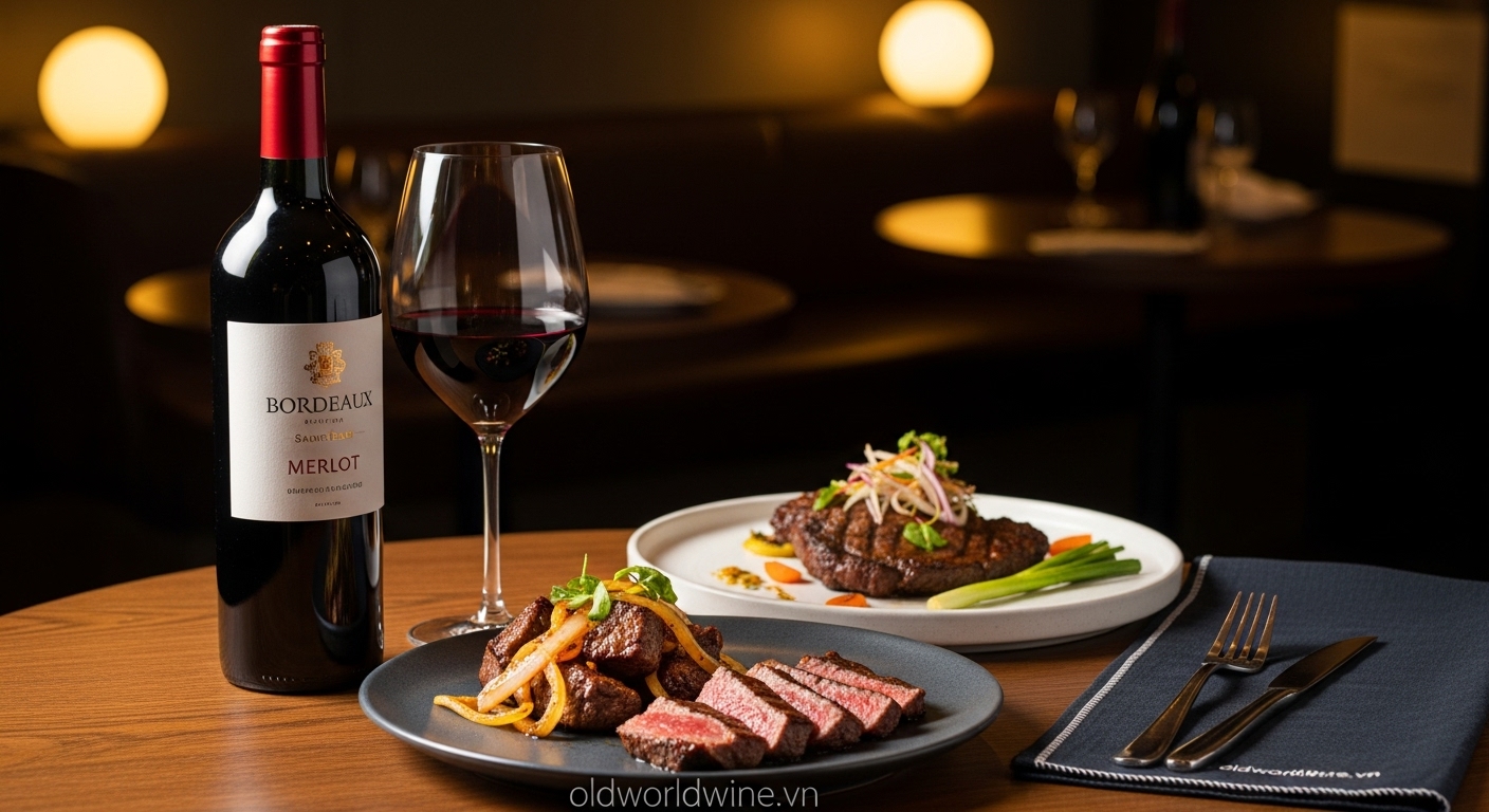 Hình ảnh món bò lúc lắc hoặc bò nướng tảng kết hợp với ly Merlot vùng Bordeaux Bờ Phải, trong không gian ấm cúng sang trọng với watermark oldworldwine.vn tinh tế.