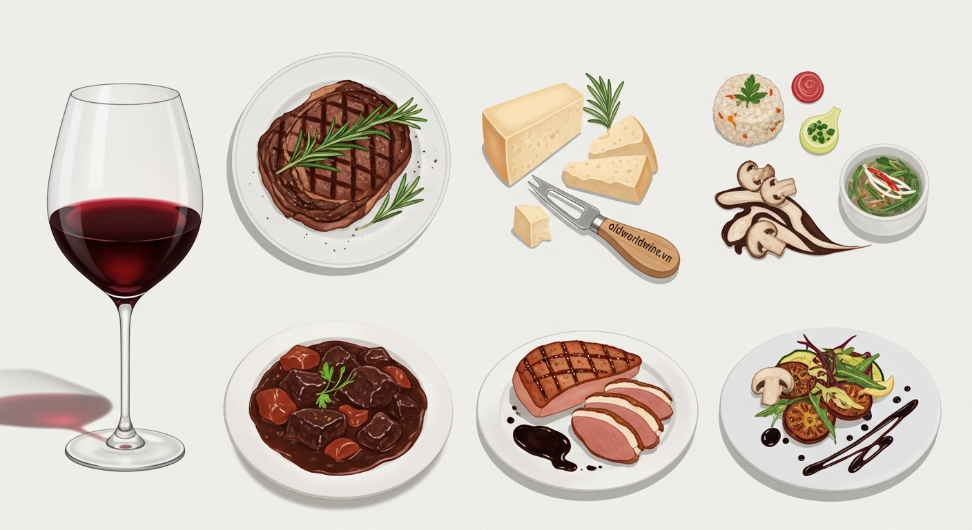 Gợi ý món ăn kết hợp với rượu Vang F Negroamaro: bò bít tết, vịt quay, phở bò và phô mai ủ lâu năm