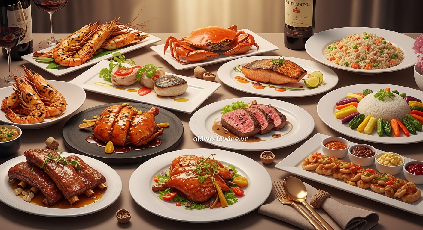 Bàn tiệc chính hấp dẫn với các món hải sản, thịt đỏ, gia cầm, món chay được trình bày tinh tế, đậm chất tiệc sang trọng
