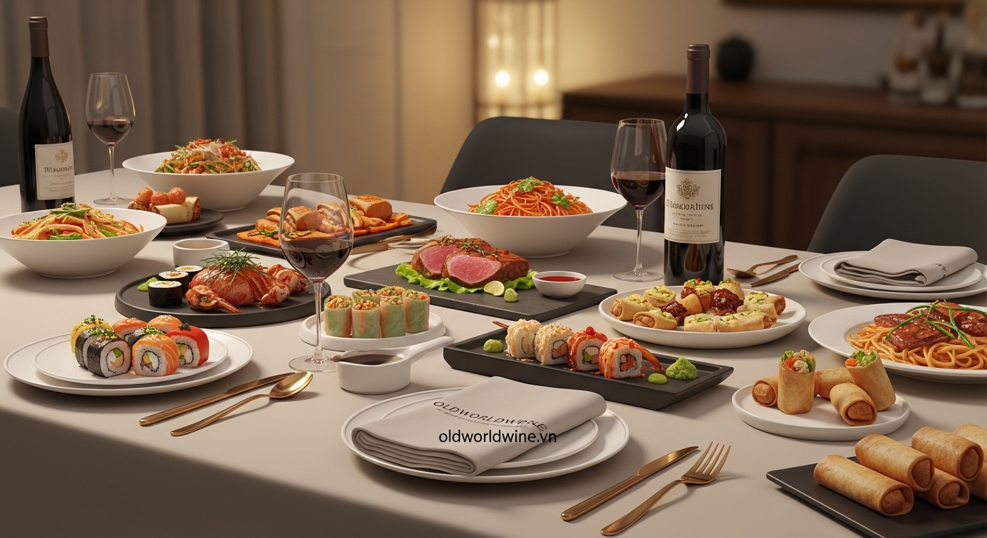 Bữa tiệc sang trọng với các món Á – Âu đa dạng, kết hợp rượu vang tinh tế, không gian ấm cúng, phong cách hiện đại
