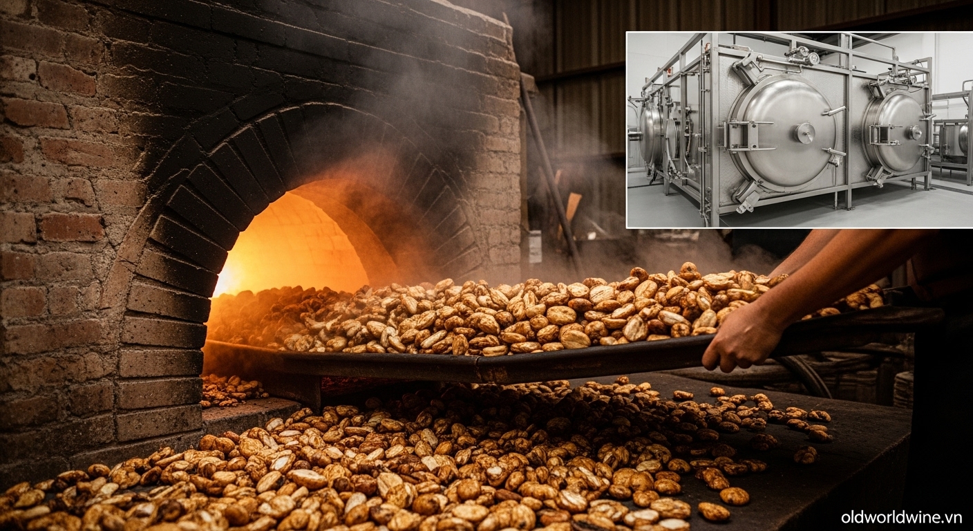 Hình ảnh piña (lõi cây Agave) được nấu chín trong lò gạch truyền thống để chuyển hóa tinh bột thành đường, bước quan trọng trong quá trình sản xuất rượu Tequila.