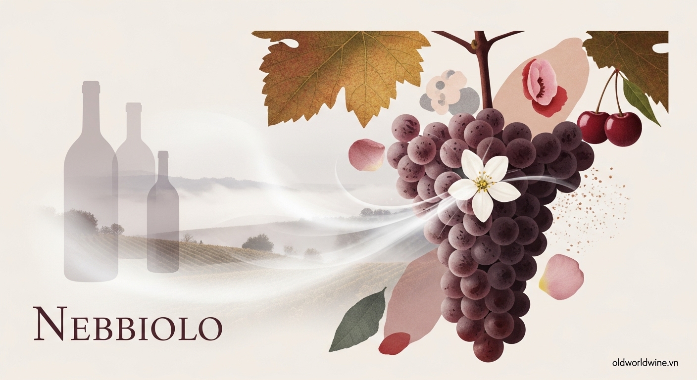 Hình minh họa giống nho Nebbiolo với lớp phấn trắng và sương mù mùa thu tại Piemonte, biểu tượng của Barolo và Barbaresco