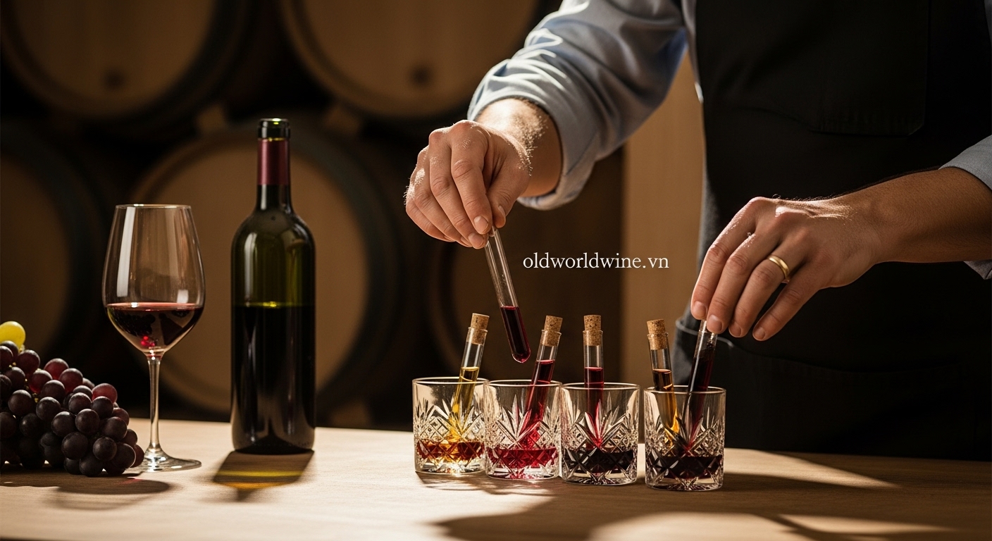 Hình ảnh nghệ nhân pha trộn rượu vang Bordeaux với các mẫu thử từ nhiều giống nho như Cabernet Sauvignon và Merlot, thể hiện nghệ thuật blend đặc trưng tạo nên sự cân bằng và phức tạp trong mỗi chai vang.