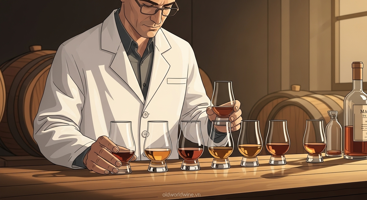 Hình ảnh nghệ nhân Master Blender đang pha trộn các loại whisky tại nhà máy Chivas Regal, ánh sáng ấm và không gian truyền thống tạo cảm giác chuyên nghiệp và tinh tế.