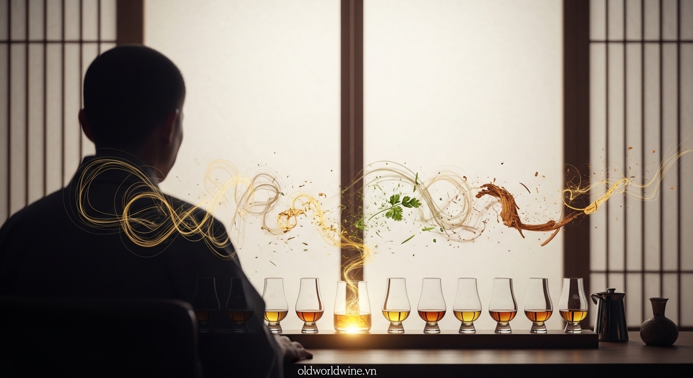 Hình ảnh nghệ thuật mô tả Master Blender Nhật Bản đang pha trộn các loại whisky với sự tập trung cao độ, xung quanh là những ly whisky và làn hương trừu tượng hòa quyện như bản giao hưởng, thể hiện tinh thần “Hibiki” – sự cộng hưởng hoàn hảo trong hương vị.