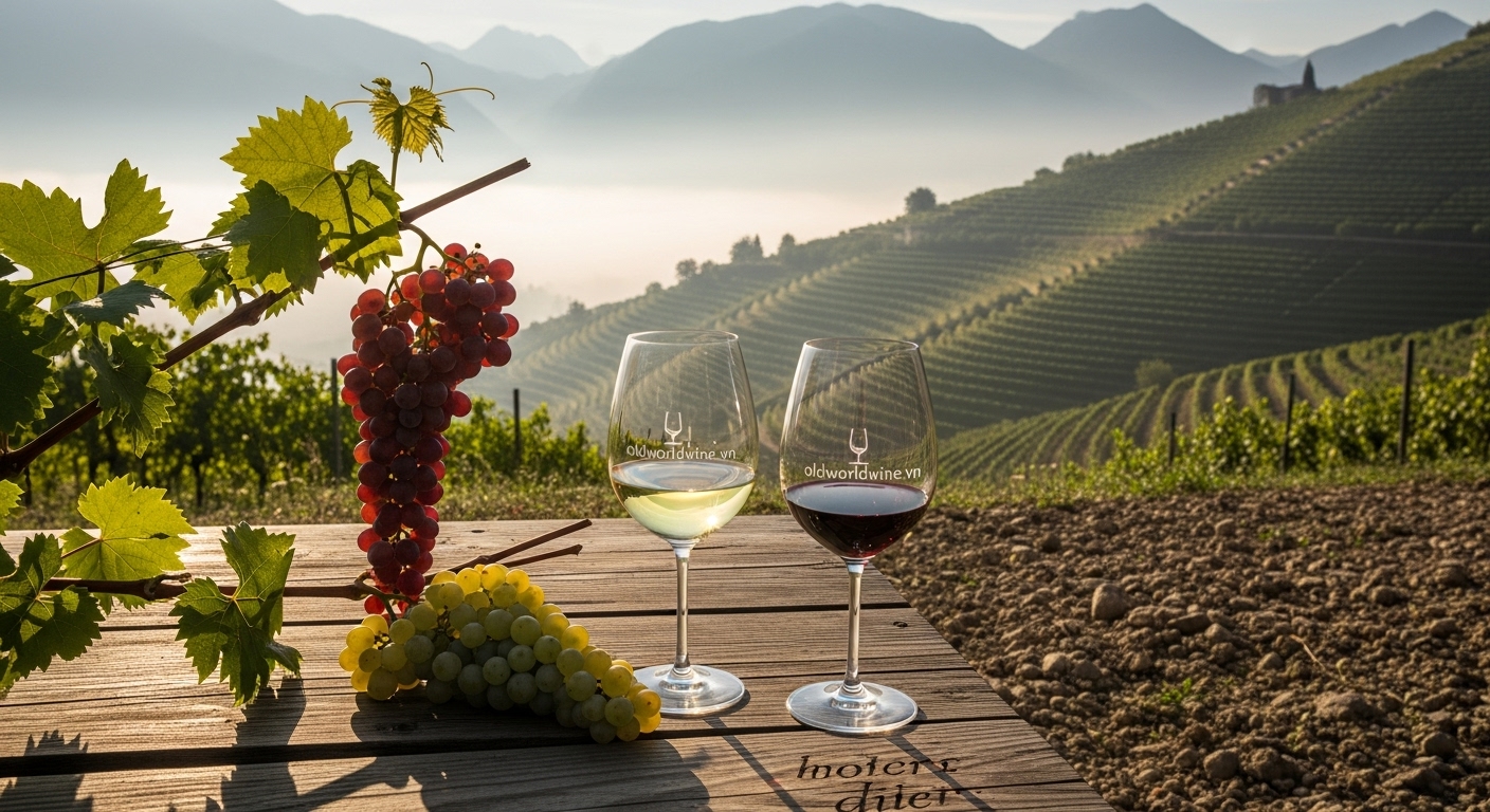 Tĩnh vật nghệ thuật với nho Teroldego và Gewürztraminer trong khung cảnh vườn nho Trentino-Alto Adige nhìn ra dãy Alps