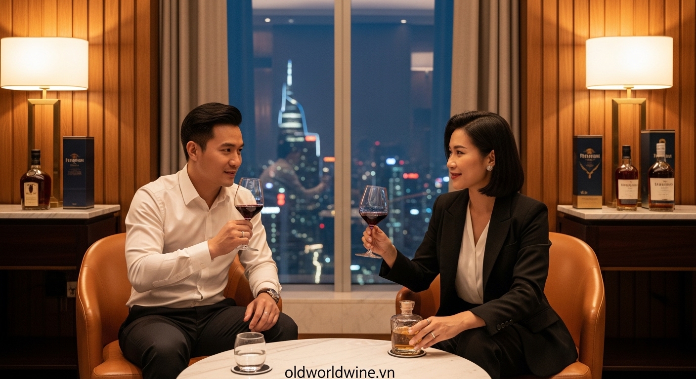 Hình ảnh người tiêu dùng cao cấp tại Việt Nam: cặp đôi thành đạt thưởng thức rượu vang và whisky trong không gian sang trọng, với nền thành phố hiện đại – biểu tượng của gu tiêu dùng tinh tế và tăng trưởng kinh tế.