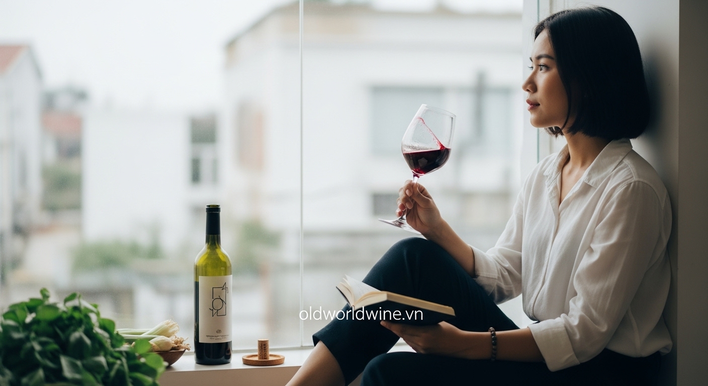 Hình ảnh người tiêu dùng trẻ Việt Nam thưởng thức rượu vang trong không gian yên tĩnh, phản ánh xu hướng tiêu dùng có trách nhiệm và đề cao trải nghiệm, chất lượng, cũng như tính bền vững.