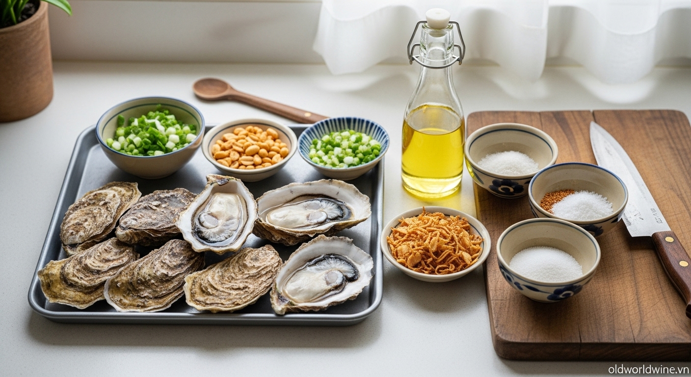 Nguyên liệu làm hàu nướng mỡ hành gồm hàu tươi, hành lá, đậu phộng, dầu ăn và gia vị