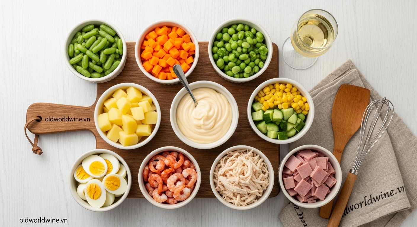 Nguyên liệu làm salad mayonnaise gồm rau củ, trứng, thịt và sốt béo ngậy bày trí đẹp mắt