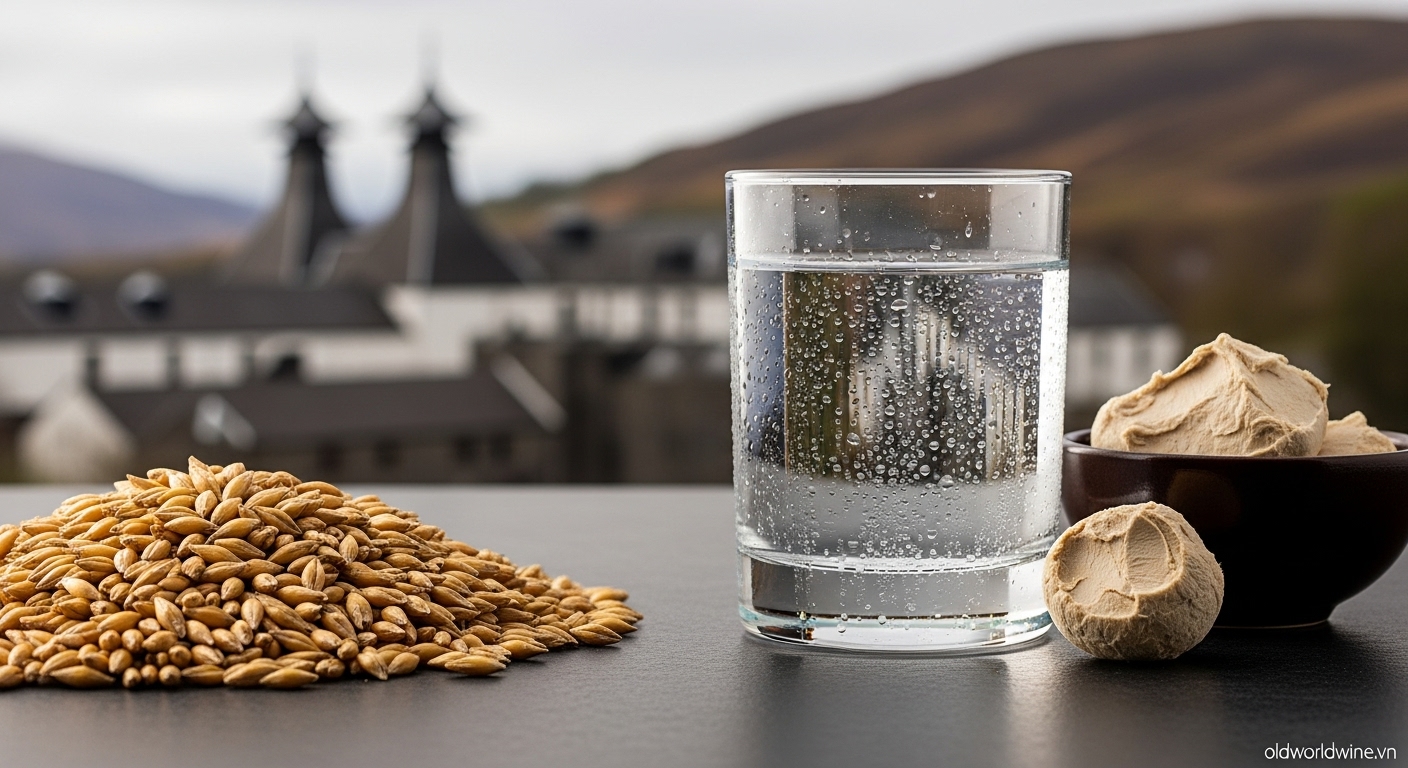 Hình ảnh nguyên liệu sản xuất rượu Chivas Regal: lúa mạch, nước tinh khiết Scotland và men rượu, với nhà máy Strathisla cổ kính phía sau.